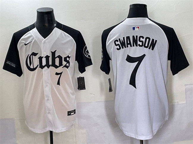 Men's Chicago Cubs #7 Dansby Swanson White/Black 'Gothic North Side Edition' Vapor Premier Limited Stitched Baseball Jersey Men's Chicago Cubs #7 Dansby Swanson White/Black 'Gothic North Side Edition' Vapor Premier Limited Stitched Baseball Jersey